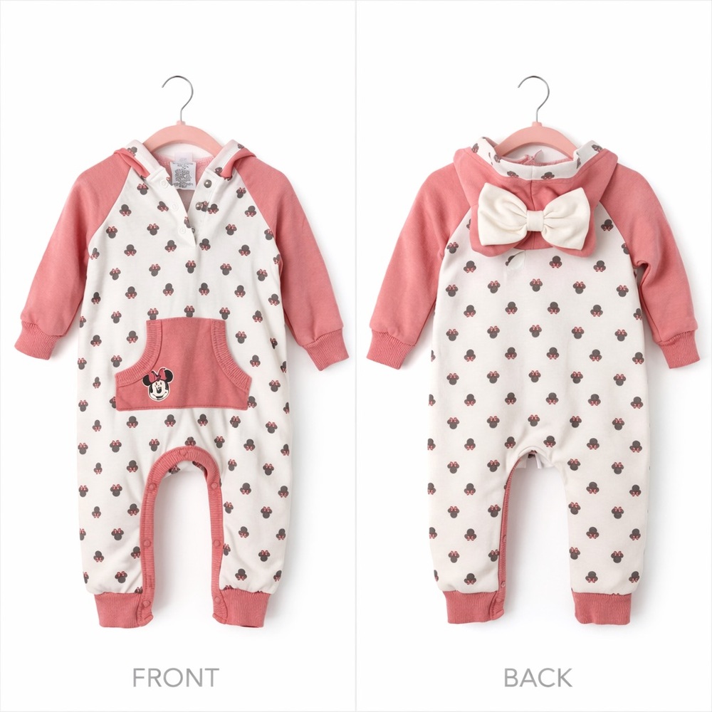 Disney Baby Minnie Mouse Ears Pink Bow Hoodie Footie 3-6M Cotton Blend One Piece